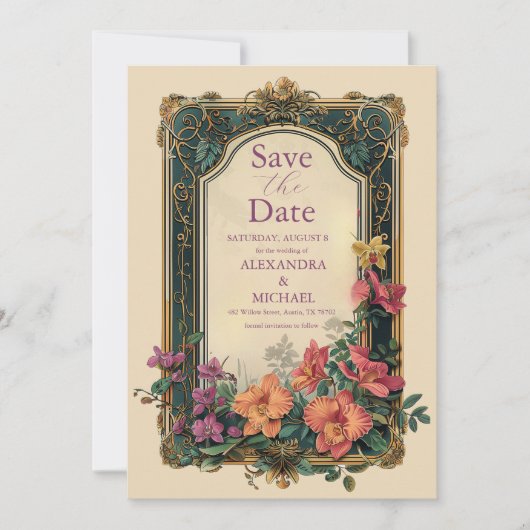 Botanische gelukzaligheid Wildbloemen Art Nouveau Save The Date (Voorkant)