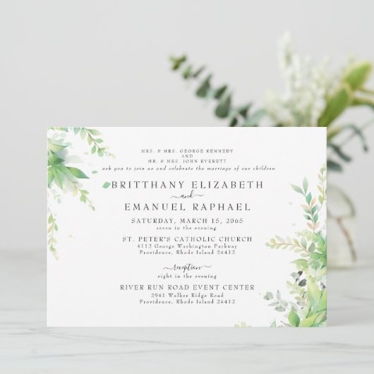 Botanische Genade Horizontale 2 Venues Bruiloft Kaart (Staand voorkant)