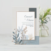 Botanische geometrische blauwe en beige bruiloft kaart (Staand voorkant)