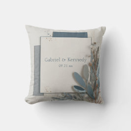 Botanische geometrische blauwe en beige bruiloft kussen