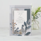 Botanische geometrische blauwe en neutrale bruilof kaart (Staand voorkant)