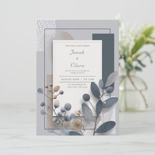 Botanische geometrische blauwe en neutrale bruilof kaart (Staand voorkant)