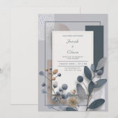 Botanische geometrische blauwe en neutrale bruilof kaart (Voorkant / Achterkant)