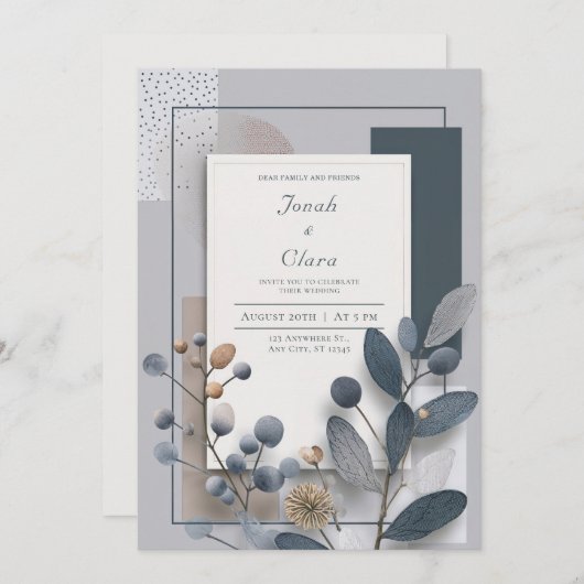Botanische geometrische blauwe en neutrale bruilof kaart (Voorkant / Achterkant)