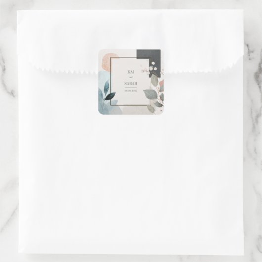 Botanische geometrische groene terracotta bruiloft vierkante sticker (Tas)