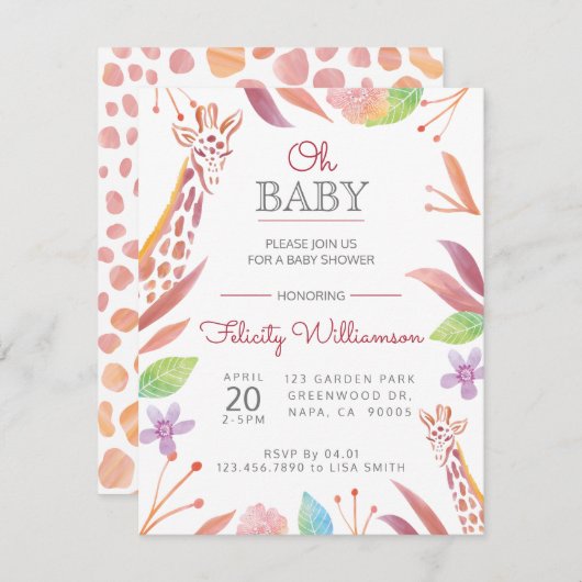 Botanische Giraffe Safari Baby shower Aankondiging (Voorkant / Achterkant)