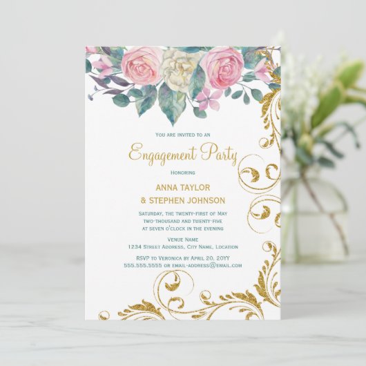 Botanische Gold Glitter Swirls Engagement Party Kaart (Staand voorkant)