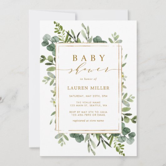 Botanische Gold Greenery Baby shower Invitation Kaart (Voorkant)