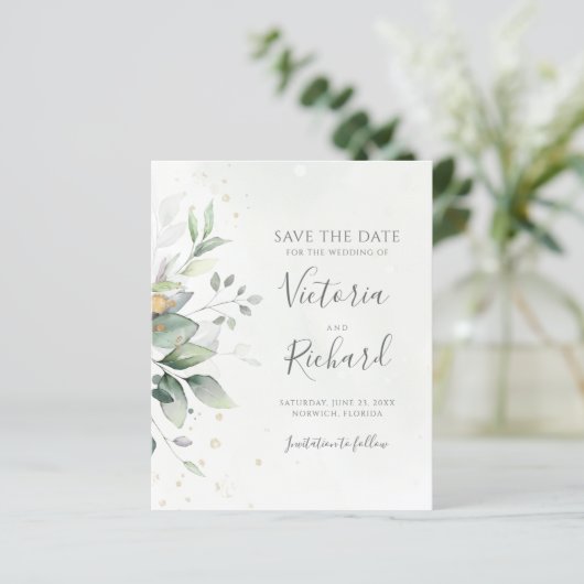 Botanische Gold Greenery Eucalyptus Save the Date (Staand voorkant)
