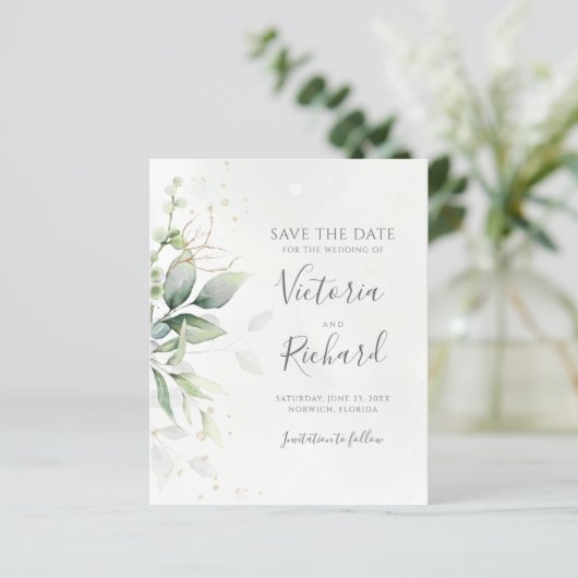 Botanische Gold Greenery Eucalyptus Save the Date (Staand voorkant)