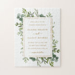 Botanische Gold Greenery Wedding Invitation Legpuzzel<br><div class="desc">Deze trouwuitnodiging puzzel bevat geschilderde waterverf eucalyptusgroen,  groene bladeren en een gouden rechthoekige lijst. Voor meer geavanceerde aanpassing van dit ontwerp,  te klikken gelieve de "meer"verbinding aanpassen. Overeenkomende objecten zijn ook beschikbaar.</div>