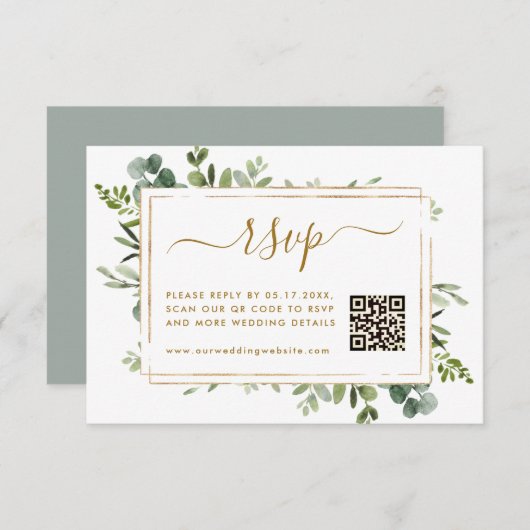 Botanische Gold Greenery Wedding RSVP met QR-code Informatiekaartje (Voorkant / Achterkant)