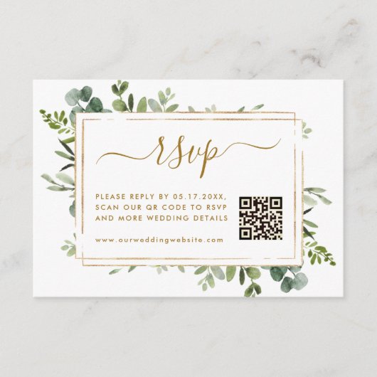 Botanische Gold Greenery Wedding RSVP met QR-code Informatiekaartje (Voorkant)