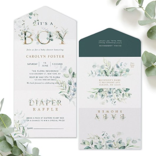 Botanische Gold Letter-Baby shower | Diaper Raffle All In One Uitnodiging