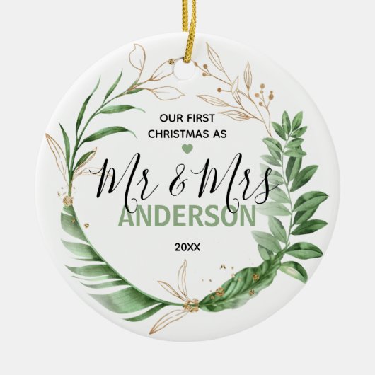 Botanische Gold Ons eerste kerstfeest, Mr & Mrs. F Keramisch Ornament (Voorkant)