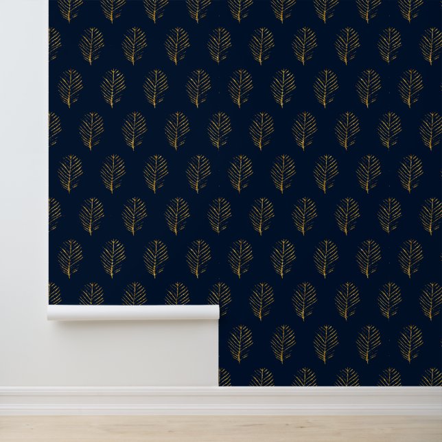 Botanische gouden bladeren in blauw bloemmotief behang (Applicatie)