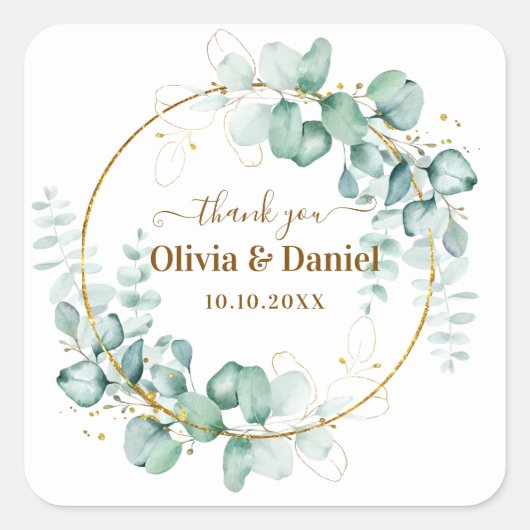 Botanische gouden groen gepersonaliseerde dank u vierkante sticker (Voorkant)