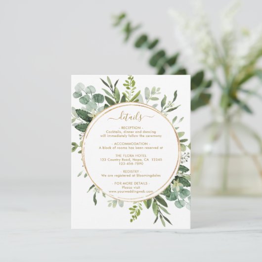 Botanische Gouden Groene Cirkel Lijst Bruiloft Det Informatiekaartje (Staand voorkant)