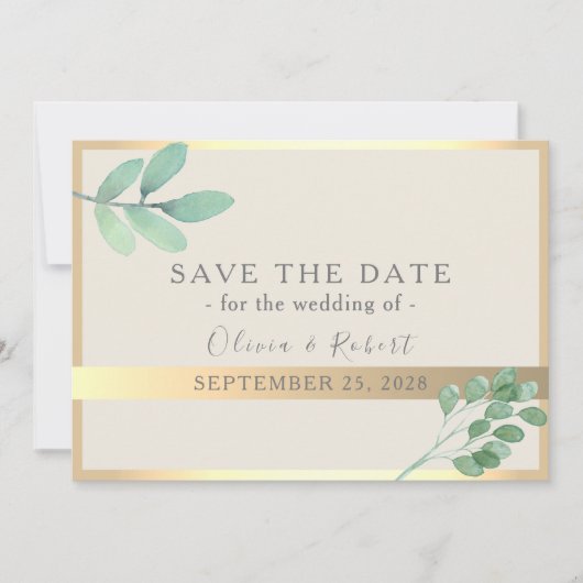 Botanische Gouden Groene Huwelijksdatum Bewaren Save The Date (Voorkant)