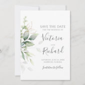 Botanische goudgroen Eucalyptusbruiloft Save The Date (Voorkant)