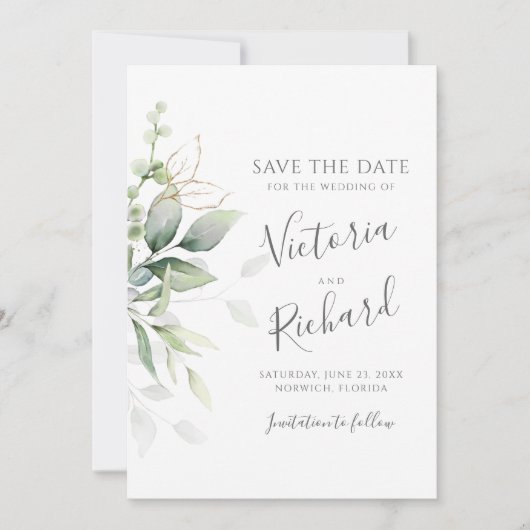 Botanische goudgroen Eucalyptusbruiloft Save The Date (Voorkant)