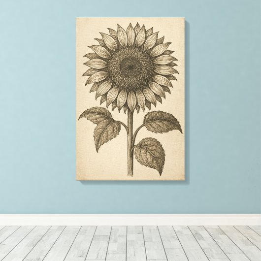 botanische gravure van zonnebloemhoofd canvas afdruk (Insitu (Houten vloer))