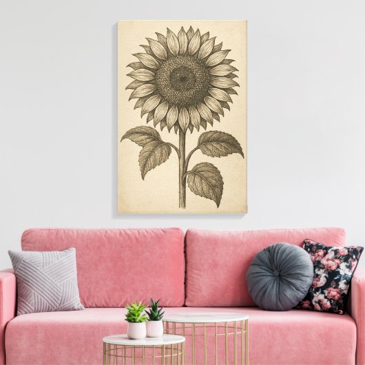 botanische gravure van zonnebloemhoofd canvas afdruk (Insitu (Woonkamer))