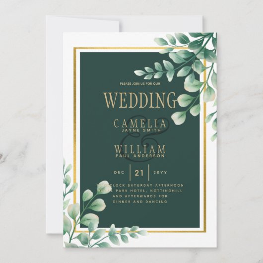 Botanische Green Gold Wedding Invitation Emerald Kaart (Voorkant)