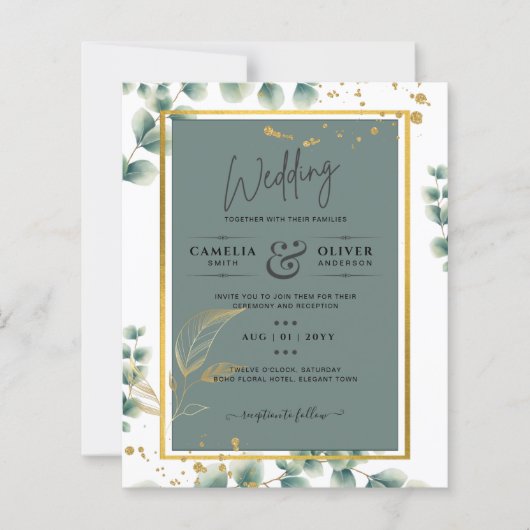 Botanische Green Gold Wedding Invitation Sage (Voorkant)