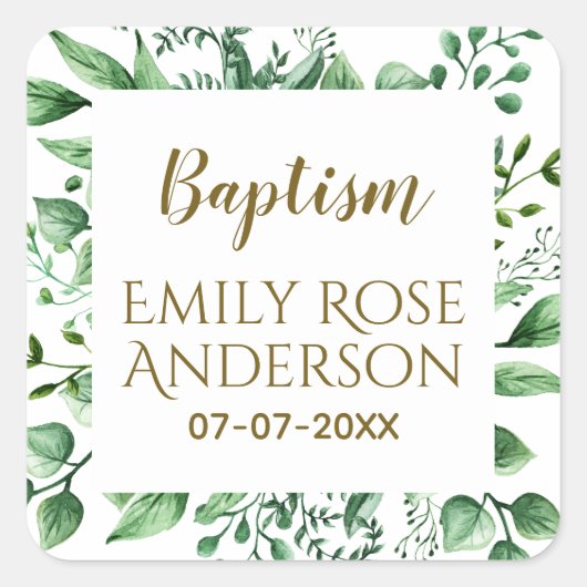 Botanische Greenery Baptism Boy Girl Bedankt Vierkante Sticker (Voorkant)