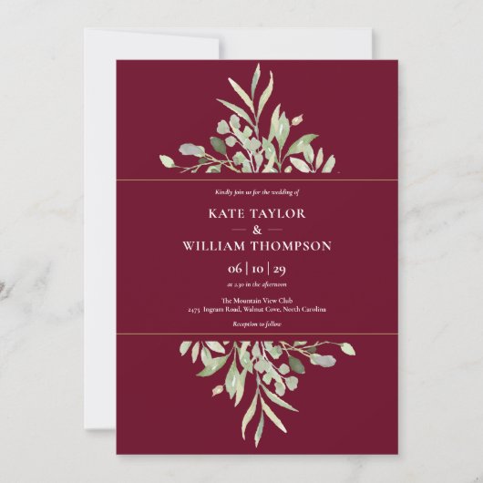Botanische Greenery Burgundy Gold Wedding Kaart (Voorkant)