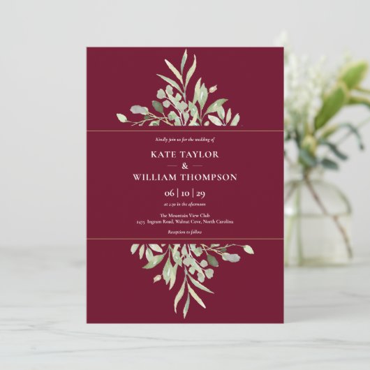 Botanische Greenery Burgundy Gold Wedding Kaart (Staand voorkant)