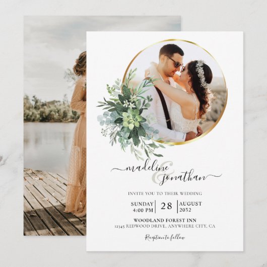 Botanische Greenery Circle Border 2 Fotohuwelijk Kaart (Voorkant / Achterkant)