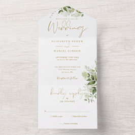 Botanische Greenery Elegant Gold Monogram Weddensc All In One Uitnodiging