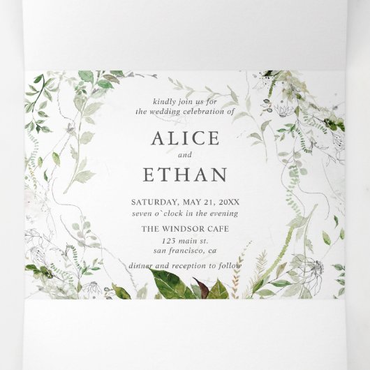 Botanische Greenery Elegant Wedding Tri-Fold Invit Drieluik Uitnodiging (Binnenkant midden)