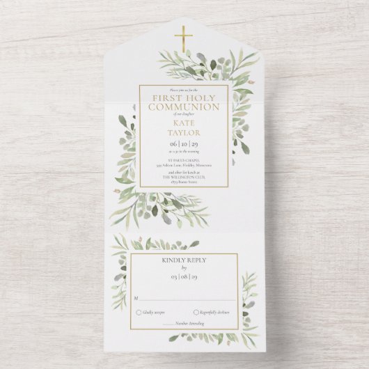 Botanische Greenery First Heilige Communie All In One Uitnodiging (Binnen)