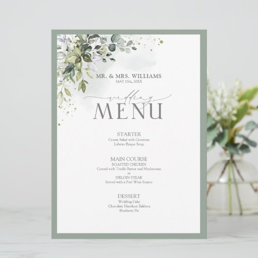 Botanische Greenery Floral Waterverf Wedding Menu (Staand voorkant)