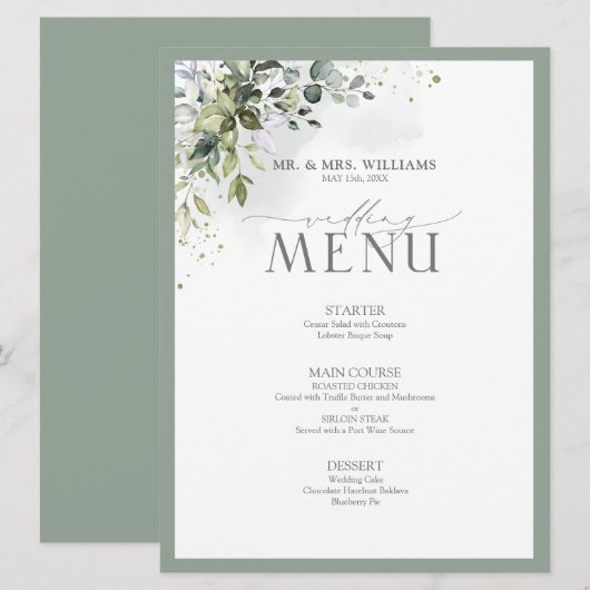 Botanische Greenery Floral Waterverf Wedding Menu (Voorkant / Achterkant)