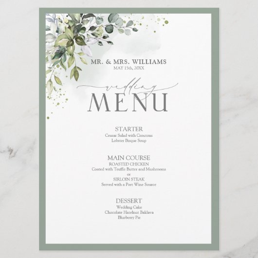 Botanische Greenery Floral Waterverf Wedding Menu (Voorkant)