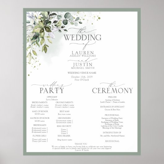 Botanische Greenery Floral Wedding Programme Poster (Voorkant)