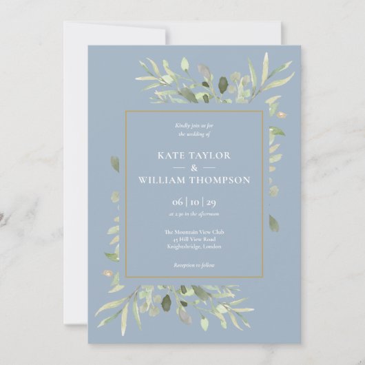 Botanische Greenery Foliage Dusty Blue Wedding Kaart (Voorkant)