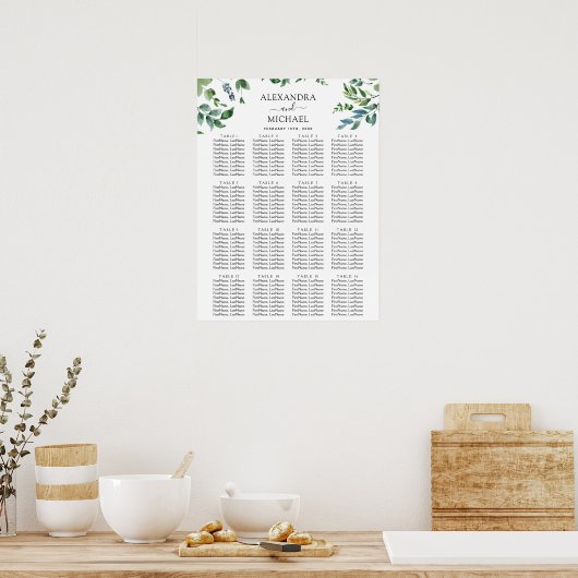 Botanische Greenery Foliage Wedding Seding Chart Poster (Keuken)