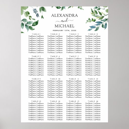 Botanische Greenery Foliage Wedding Seding Chart Poster (Voorkant)