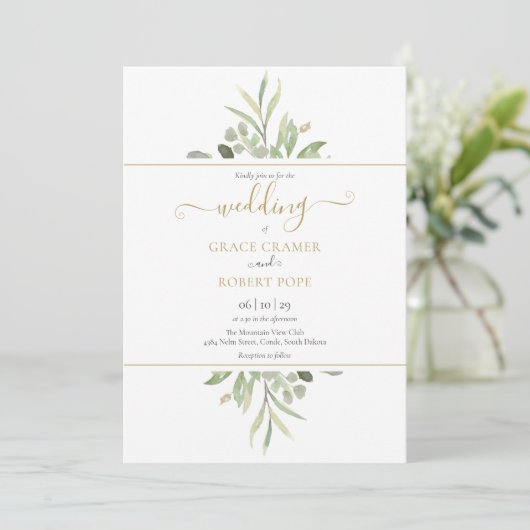 Botanische Greenery Foto Gold Script Wedding Kaart (Staand voorkant)