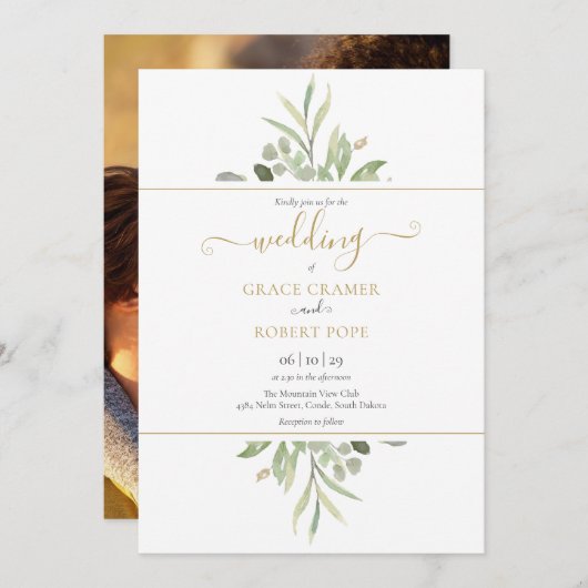 Botanische Greenery Foto Gold Script Wedding Kaart (Voorkant / Achterkant)