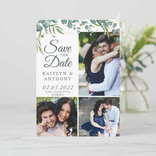 Botanische Greenery Gold 7 Foto bewaart de datum Save The Date (Staand voorkant)