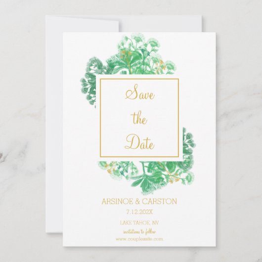Botanische Greenery Gold Accents Wedding Save The Date (Voorkant)