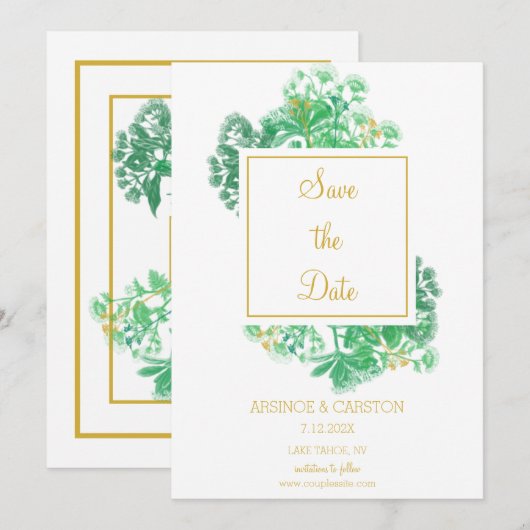 Botanische Greenery Gold Accents Wedding Save The Date (Voorkant / Achterkant)