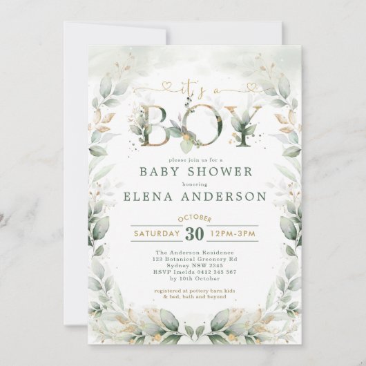Botanische Greenery Gold Garden Boy Baby shower Kaart (Voorkant)