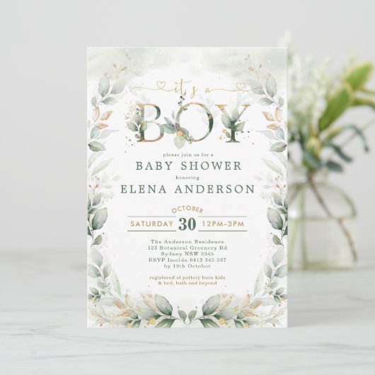 Botanische Greenery Gold Garden Boy Baby shower Kaart (Staand voorkant)